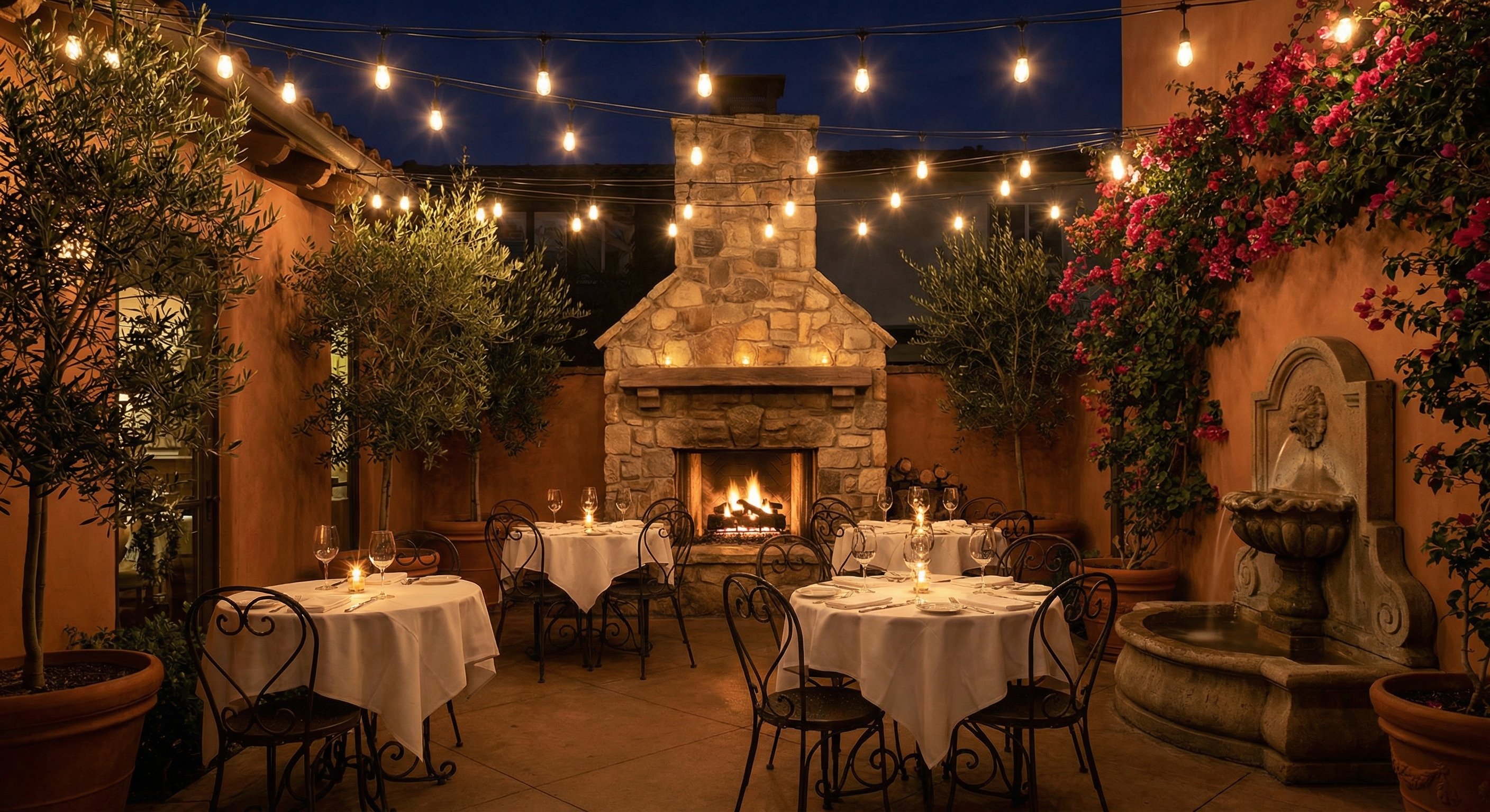 Intimate Mediterranean patio with fireplace and string lights