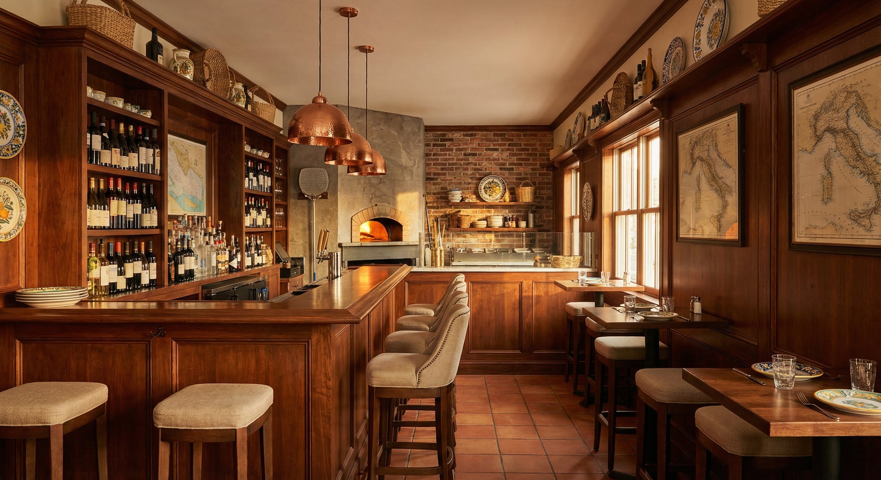 Warm Italian bar interior with wine shelves and copper lights
